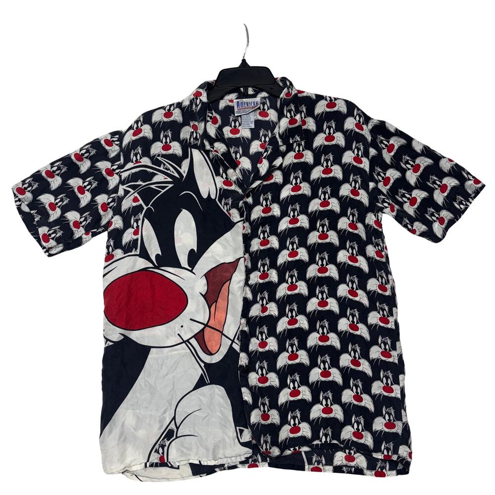 Vintage 90s American Characters Sylvester Silk Shirt XS Black Looney Tunes AOP